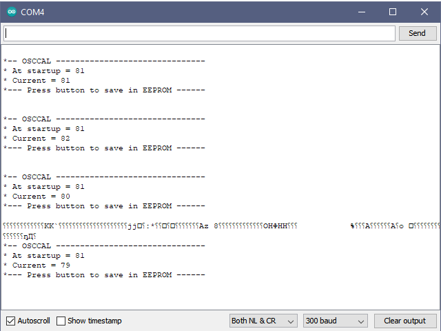 [ Screenshot of the serial monitor during the search for an appropriate OSCCAL ]