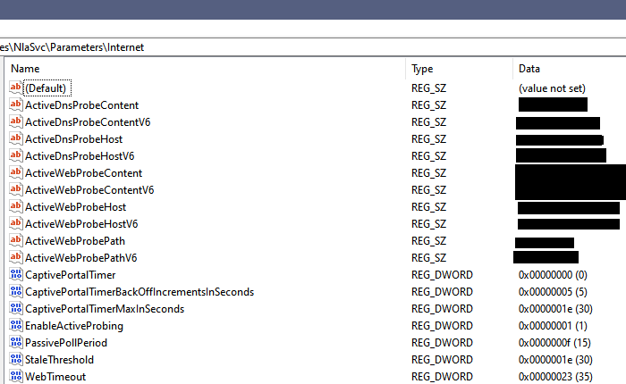 [ Screenshot of registry settings for customizing Windows NLA connection test ]